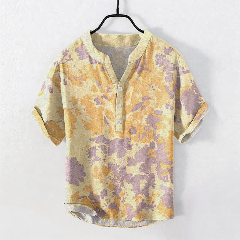Buddha Stones Chemise Henley à manches courtes et demi-boutonnée pour homme, en coton aquarelle à motif floral Henley - Kaki - US/UK/AU50，EU60 (5XL) - image 3