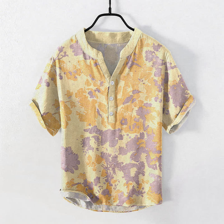 Buddha Stones Chemise Henley à manches courtes et demi-boutonnée pour homme, en coton aquarelle à motif floral Henley - Kaki - US/UK/AU50，EU60 (5XL) - image 3