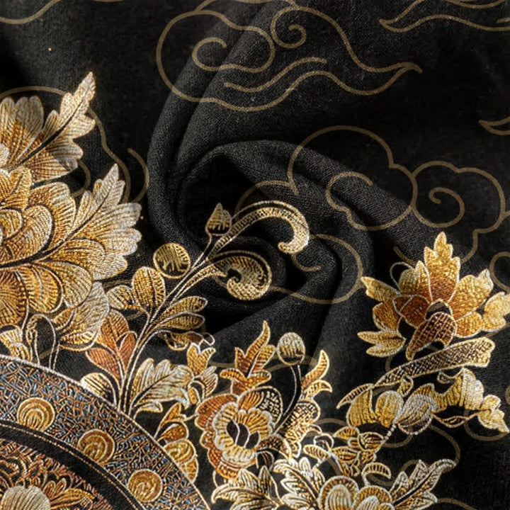 Buddha Stones Chemise homme à manches courtes et demi-boutonnée en coton doré à imprimé floral Bouddha - image 4