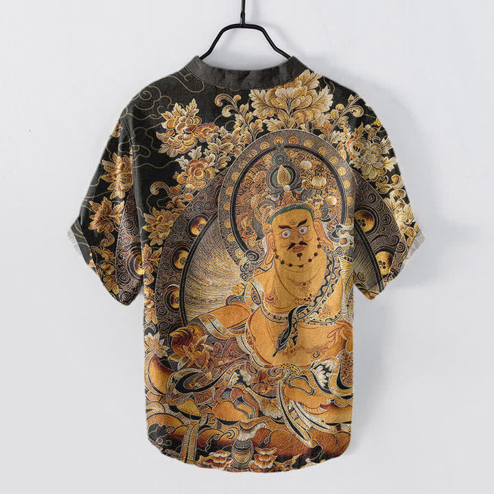 Buddha Stones Chemise homme à manches courtes et demi-boutonnée en coton doré à imprimé floral Bouddha - image 1