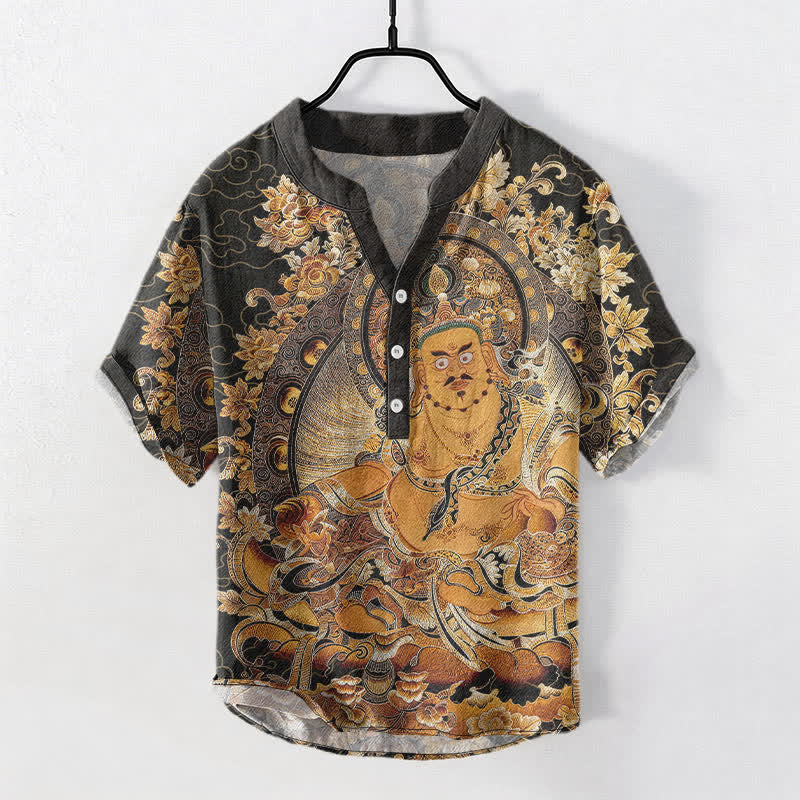 Buddha Stones Chemise homme à manches courtes et demi-boutonnée en coton doré à imprimé floral Bouddha - Gris ardoise foncé - US/UK/AU50，EU60 (5XL) - image 0