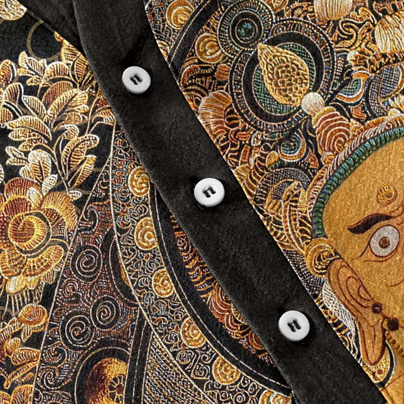 Buddha Stones Chemise homme à manches courtes et demi-boutonnée en coton doré à imprimé floral Bouddha - image 3