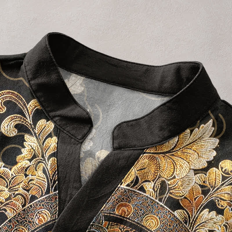 Buddha Stones Chemise homme à manches courtes et demi-boutonnée en coton doré à imprimé floral Bouddha - image 2