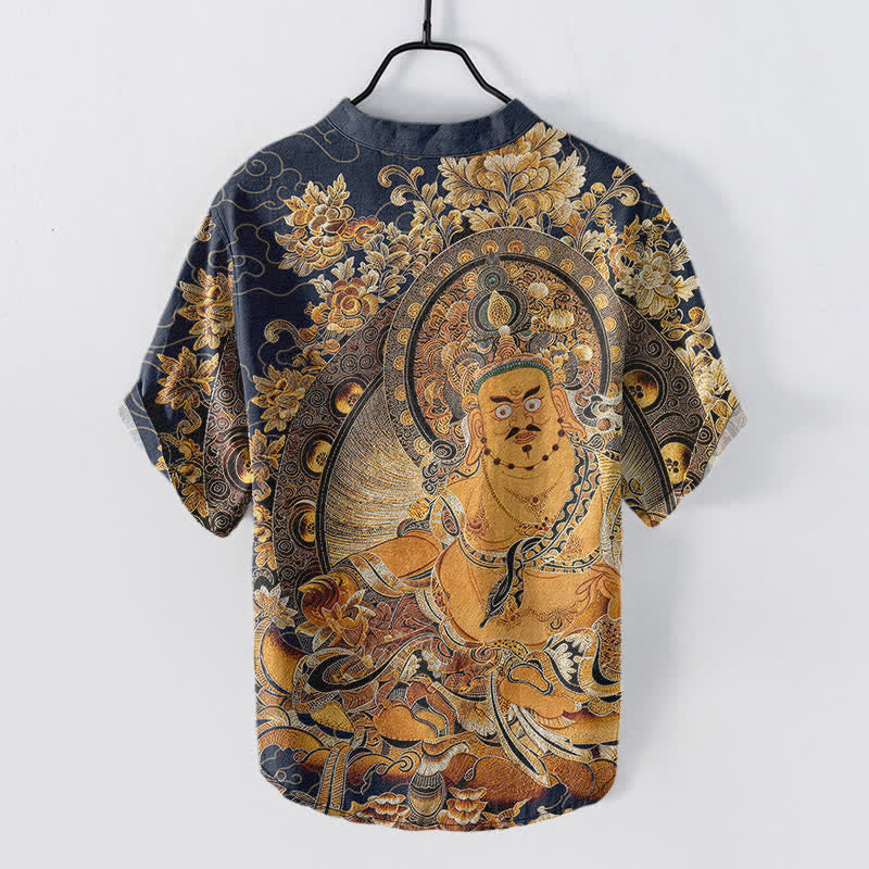 Buddha Stones Chemise homme à manches courtes et demi-boutonnée en coton doré à imprimé floral Bouddha - image 6