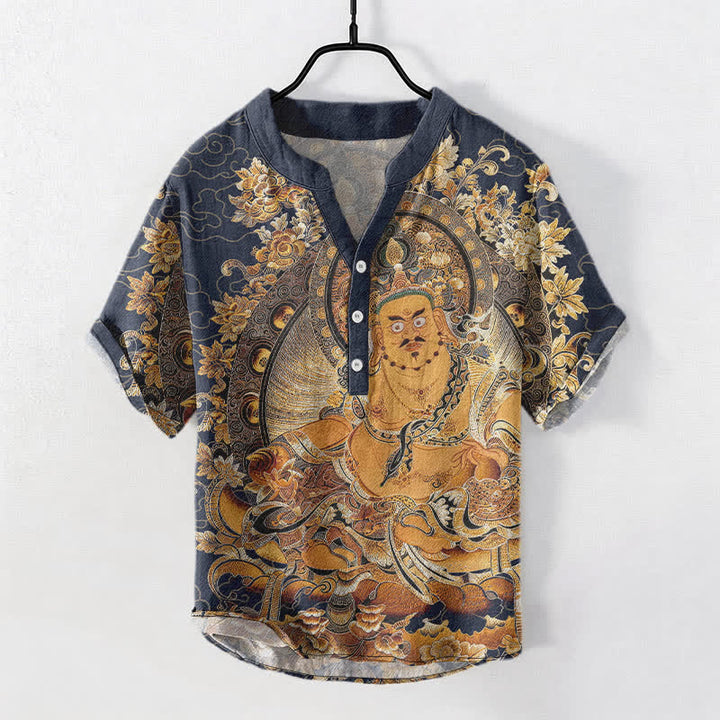 Buddha Stones Chemise homme à manches courtes et demi-boutonnée en coton doré à imprimé floral Bouddha - Bleu nuit - US/UK/AU50，EU60 (5XL) - image 5