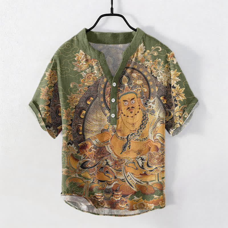 Buddha Stones Chemise homme à manches courtes et demi-boutonnée en coton doré à imprimé floral Bouddha - Vert foncé - US/UK/AU50，EU60 (5XL) - image 7