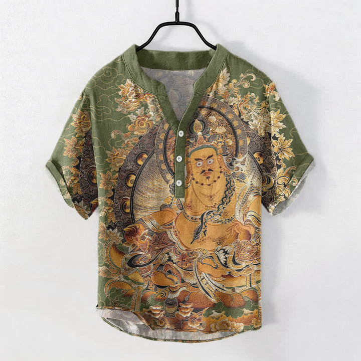 Buddha Stones Chemise homme à manches courtes et demi-boutonnée en coton doré à imprimé floral Bouddha - Vert foncé - US/UK/AU50，EU60 (5XL) - image 7