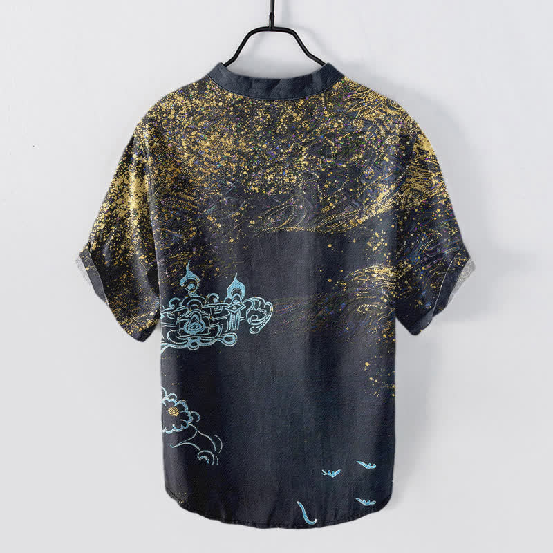 Buddha Stones Chemise Henley à manches courtes pour homme, inspirée de la galaxie, en coton teint par éclaboussures et à demi-boutons - image 1