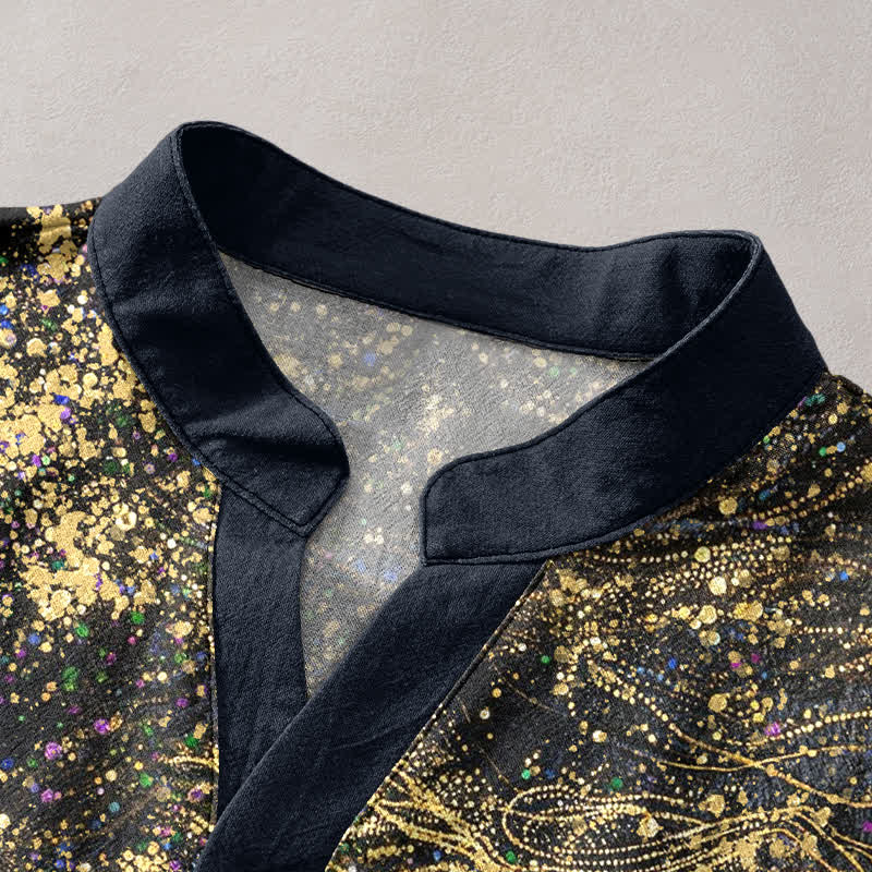 Buddha Stones Chemise Henley à manches courtes pour homme, inspirée de la galaxie, en coton teint par éclaboussures et à demi-boutons - image 2