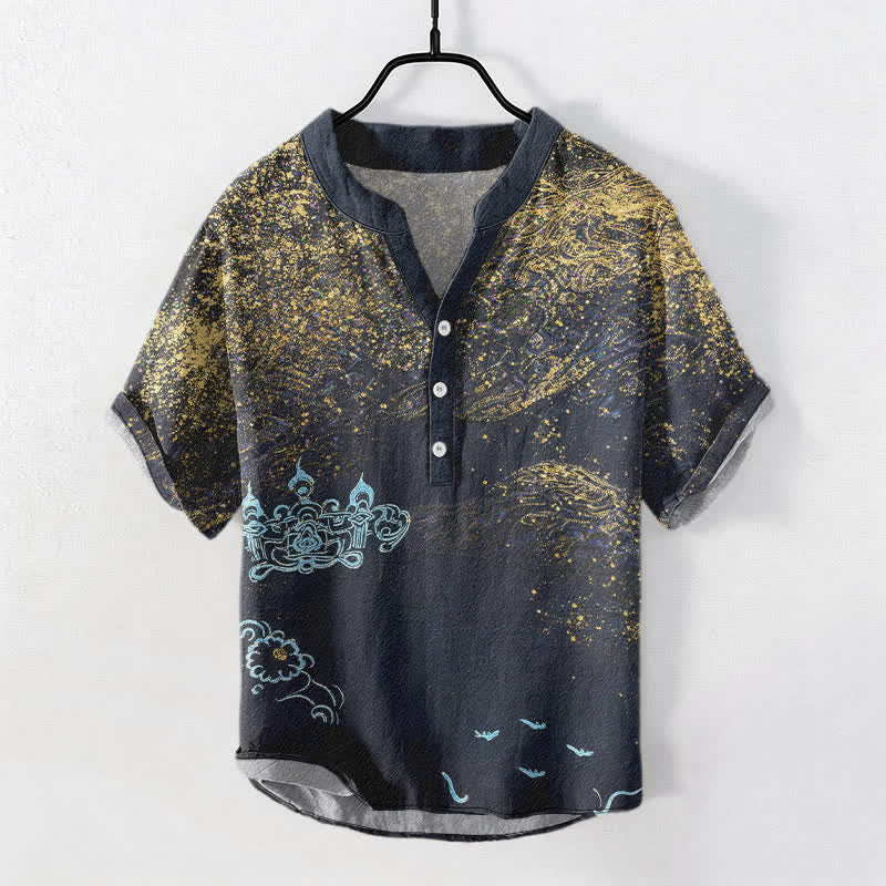 Buddha Stones Chemise Henley à manches courtes pour homme, inspirée de la galaxie, en coton teint par éclaboussures et à demi-boutons - Gris ardoise foncé - US/UK/AU50，EU60 (5XL) - image 0