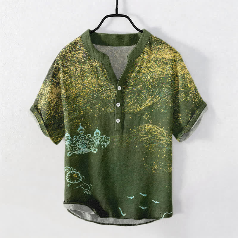 Buddha Stones Chemise Henley à manches courtes pour homme, inspirée de la galaxie, en coton teint par éclaboussures et à demi-boutons - Vert olive - US/UK/AU50，EU60 (5XL) - image 5