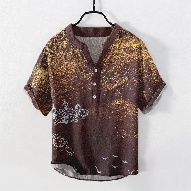 Buddha Stones Chemise Henley à manches courtes pour homme, inspirée de la galaxie, en coton teint par éclaboussures et à demi-boutons - SaddleBrown - US/UK/AU50，EU60 (5XL) - image 7