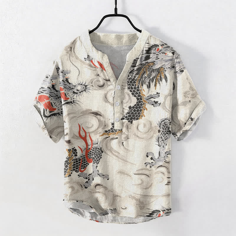 Buddha Stones Chemise Henley à manches courtes et demi-boutonnée pour homme, en coton imprimé dragon - Ivoire - US/UK/AU50，EU60 (5XL) - image 0