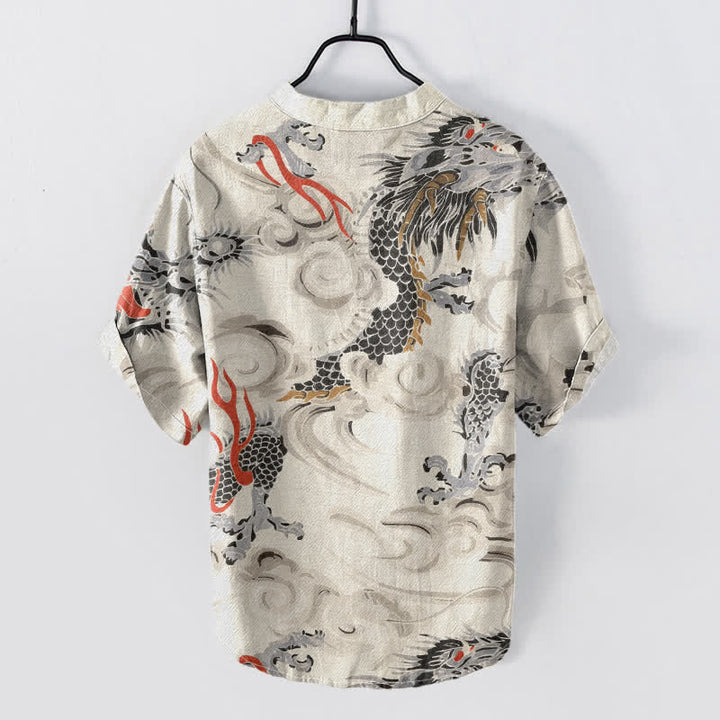 Buddha Stones Chemise Henley à manches courtes et demi-boutonnée pour homme, en coton imprimé dragon - image 1