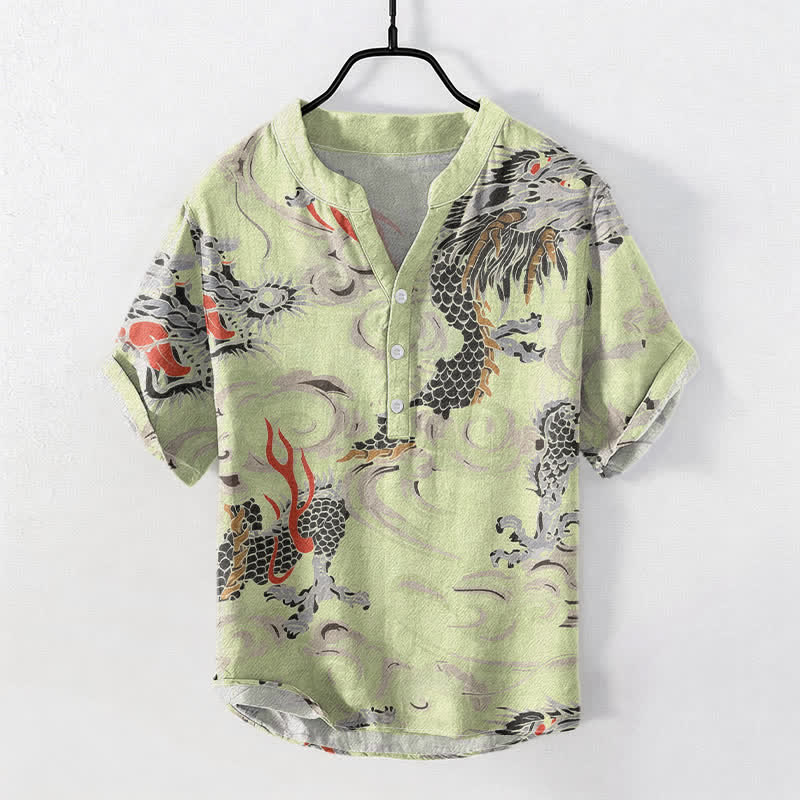 Buddha Stones Chemise Henley à manches courtes et demi-boutonnée pour homme, en coton imprimé dragon - VertJaune - US/UK/AU50，EU60 (5XL) - image 3