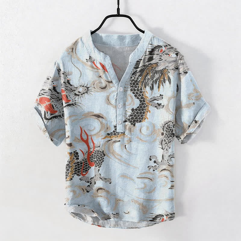 Buddha Stones Chemise Henley à manches courtes et demi-boutonnée pour homme, en coton imprimé dragon - Bleu clair - US/UK/AU50，EU60 (5XL) - image 5