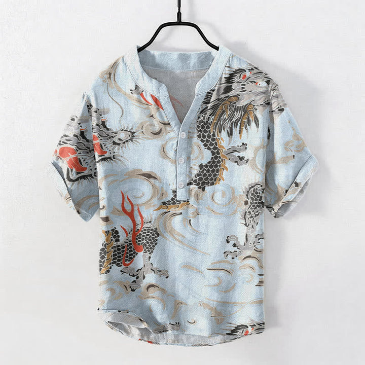 Buddha Stones Chemise Henley à manches courtes et demi-boutonnée pour homme, en coton imprimé dragon - Bleu clair - US/UK/AU50，EU60 (5XL) - image 5