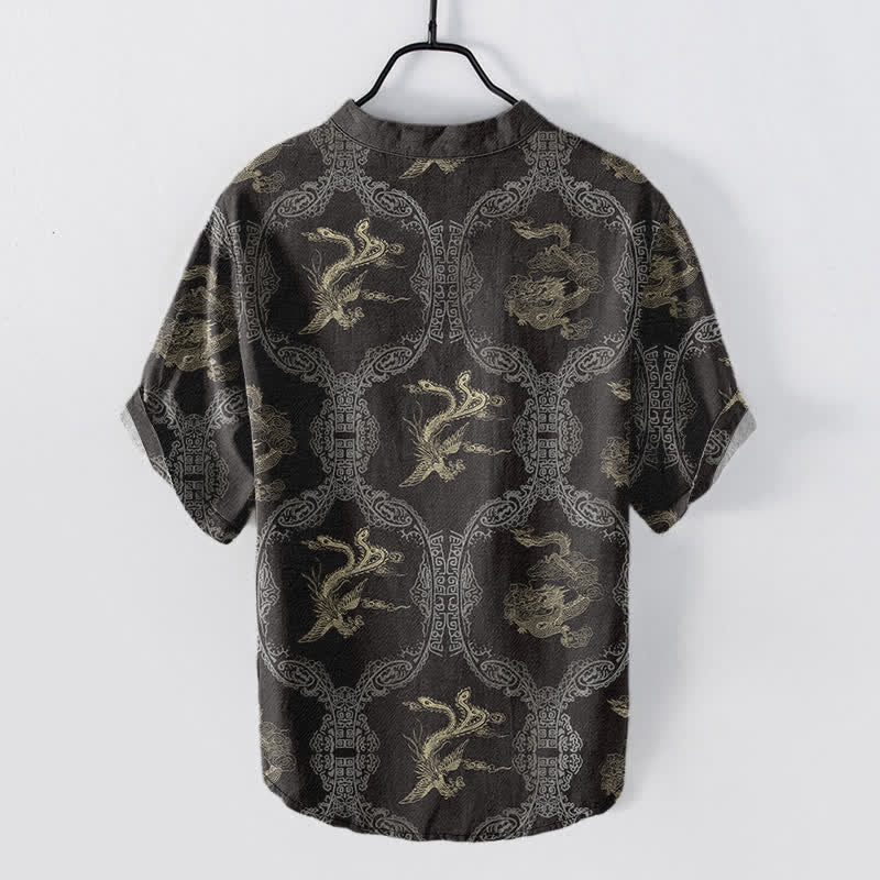 Buddha Stones Chemise à manches courtes pour homme en coton avec emblème de dragon et de phénix et demi-boutonnage - image 1