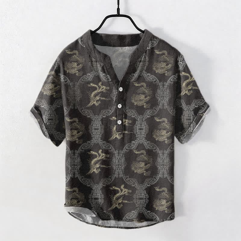 Buddha Stones Chemise à manches courtes pour homme en coton avec emblème de dragon et de phénix et demi-boutonnage - Gris terne - US/UK/AU50，EU60 (5XL) - image 0