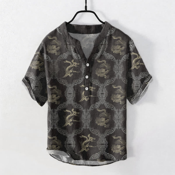 Buddha Stones Chemise à manches courtes pour homme en coton avec emblème de dragon et de phénix et demi-boutonnage - Gris terne - US/UK/AU50，EU60 (5XL) - image 0