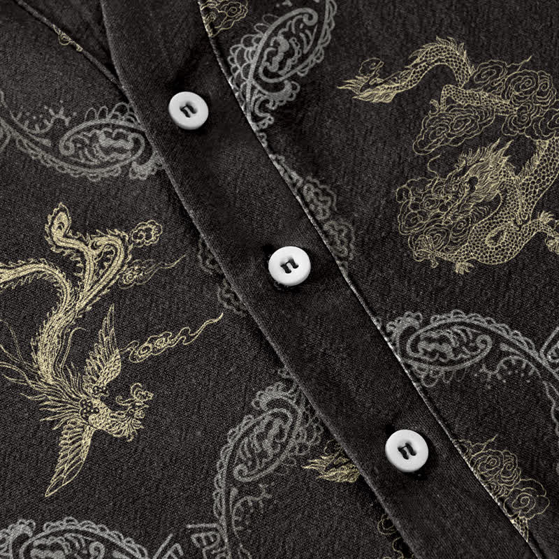 Buddha Stones Chemise à manches courtes pour homme en coton avec emblème de dragon et de phénix et demi-boutonnage - image 2
