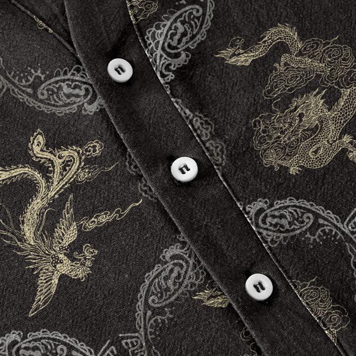 Buddha Stones Chemise à manches courtes pour homme en coton avec emblème de dragon et de phénix et demi-boutonnage - image 2