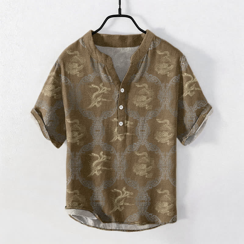 Buddha Stones Chemise à manches courtes pour homme en coton avec emblème de dragon et de phénix et demi-boutonnage - DarkGoldenrod - US/UK/AU50，EU60 (5XL) - image 4