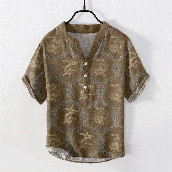 Buddha Stones Chemise à manches courtes pour homme en coton avec emblème de dragon et de phénix et demi-boutonnage - DarkGoldenrod - US/UK/AU50，EU60 (5XL) - image 4