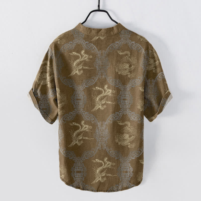 Buddha Stones Chemise à manches courtes pour homme en coton avec emblème de dragon et de phénix et demi-boutonnage - image 5