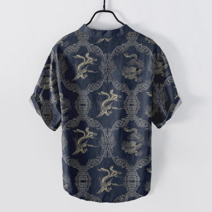 Buddha Stones Chemise à manches courtes pour homme en coton avec emblème de dragon et de phénix et demi-boutonnage - image 7
