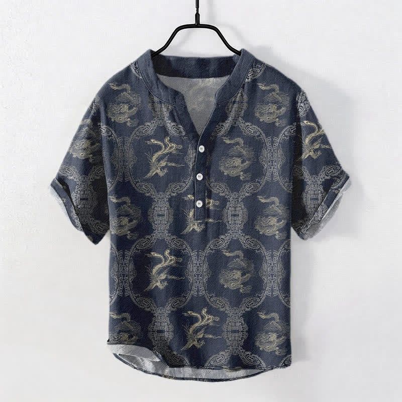 Buddha Stones Chemise à manches courtes pour homme en coton avec emblème de dragon et de phénix et demi-boutonnage - Bleu nuit - US/UK/AU50，EU60 (5XL) - image 6