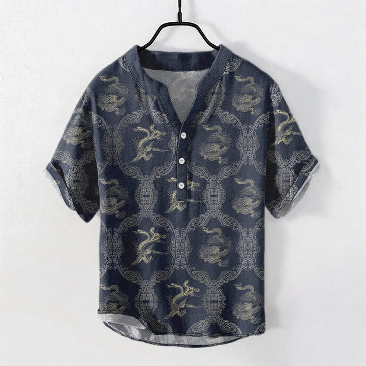 Buddha Stones Chemise à manches courtes pour homme en coton avec emblème de dragon et de phénix et demi-boutonnage - Bleu nuit - US/UK/AU50，EU60 (5XL) - image 6