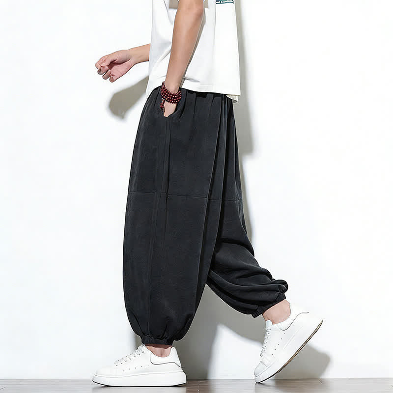 Buddha Stones Pantalon harem court en coton uni pour homme, avec cordon de serrage et poches, couleur printemps - image 26