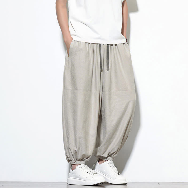 Buddha Stones Pantalon harem court en coton uni pour homme, avec cordon de serrage et poches, couleur printemps - image 13