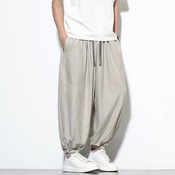 Buddha Stones Pantalon harem court en coton uni pour homme, avec cordon de serrage et poches, couleur printemps - image 13