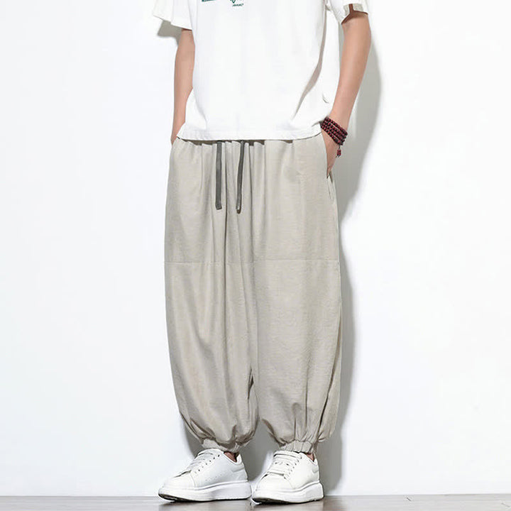 Buddha Stones Pantalon harem court en coton uni pour homme, avec cordon de serrage et poches, couleur printemps - image 10