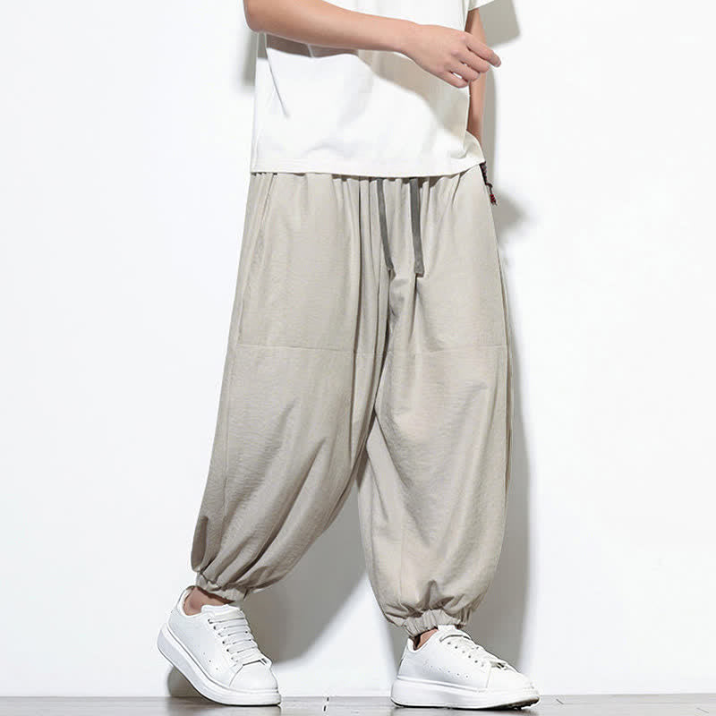 Buddha Stones Pantalon harem court en coton uni pour homme, avec cordon de serrage et poches, couleur printemps - image 15