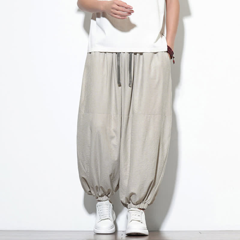 Buddha Stones Pantalon harem court en coton uni pour homme, avec cordon de serrage et poches, couleur printemps - image 11