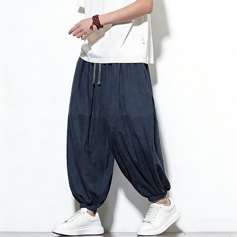 Buddha Stones Pantalon harem court en coton uni pour homme, avec cordon de serrage et poches, couleur printemps - image 2