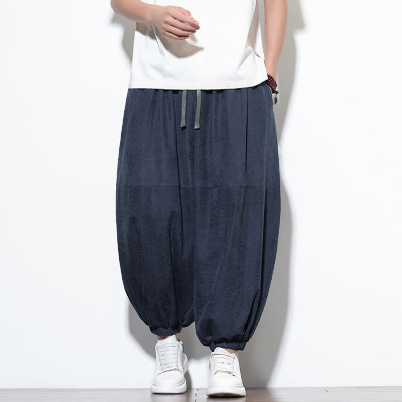 Buddha Stones Pantalon harem court en coton uni pour homme, avec cordon de serrage et poches, couleur printemps - Bleu nuit - US/UK/AU46，EU56 (5XL) - image 0