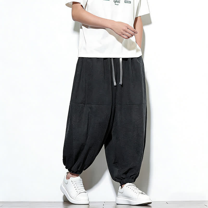 Buddha Stones Pantalon harem court en coton uni pour homme, avec cordon de serrage et poches, couleur printemps - image 25