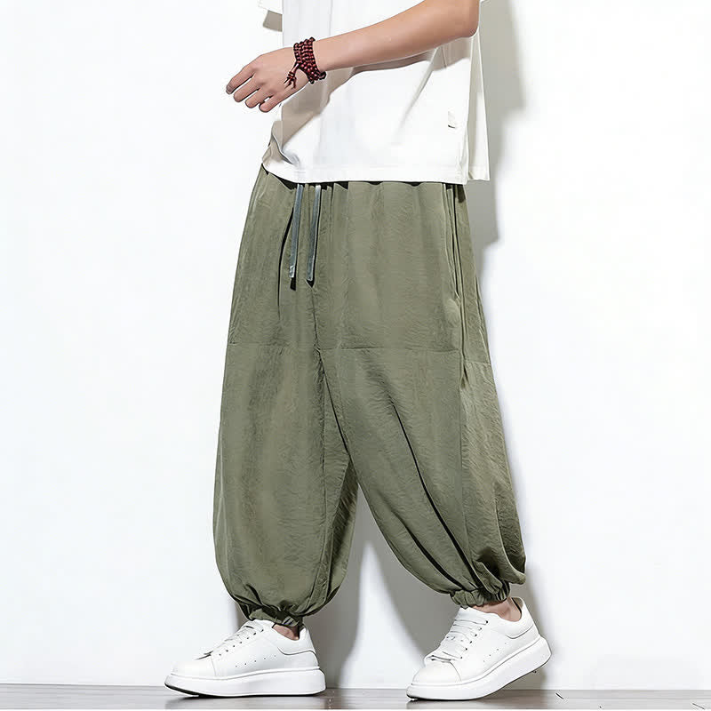 Buddha Stones Pantalon harem court en coton uni pour homme, avec cordon de serrage et poches, couleur printemps - image 29