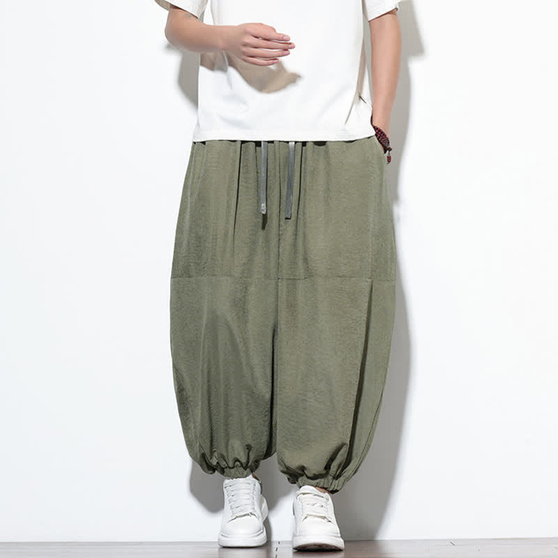 Buddha Stones Pantalon harem court en coton uni pour homme, avec cordon de serrage et poches, couleur printemps - image 33