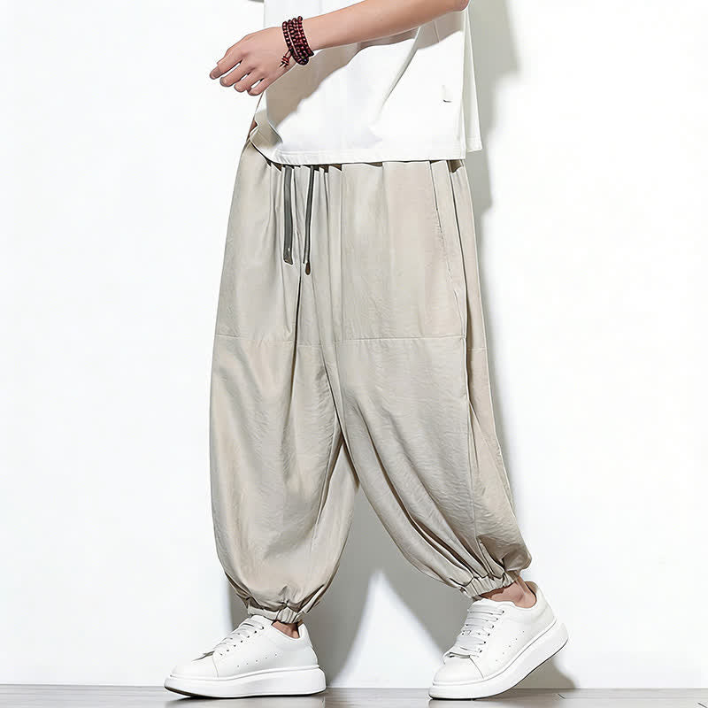 Buddha Stones Pantalon harem court en coton uni pour homme, avec cordon de serrage et poches, couleur printemps - image 14