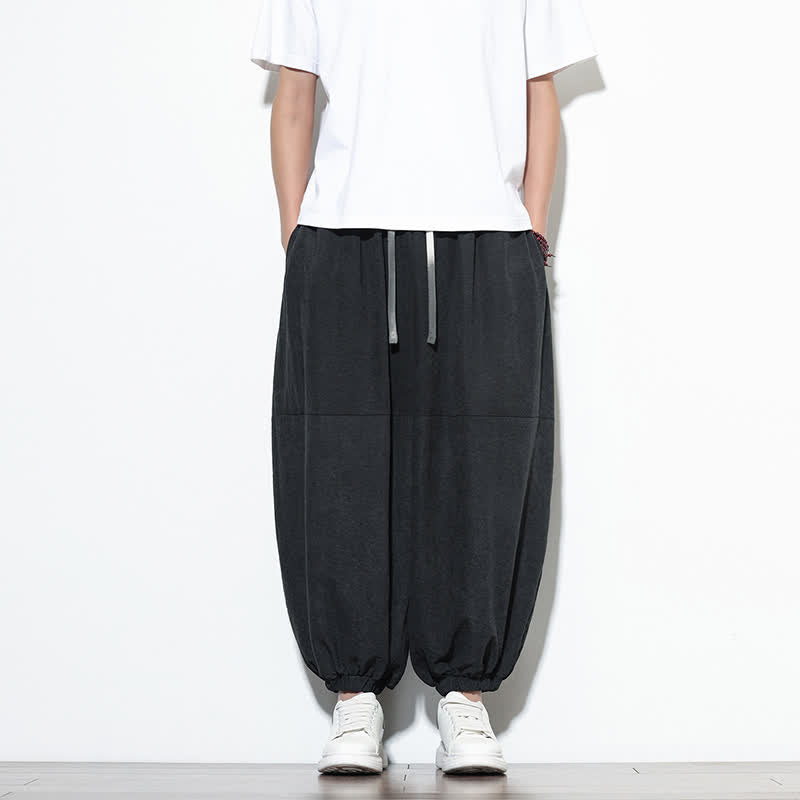 Buddha Stones Pantalon harem court en coton uni pour homme, avec cordon de serrage et poches, couleur printemps - Noir - US/UK/AU46，EU56 (5XL) - image 19