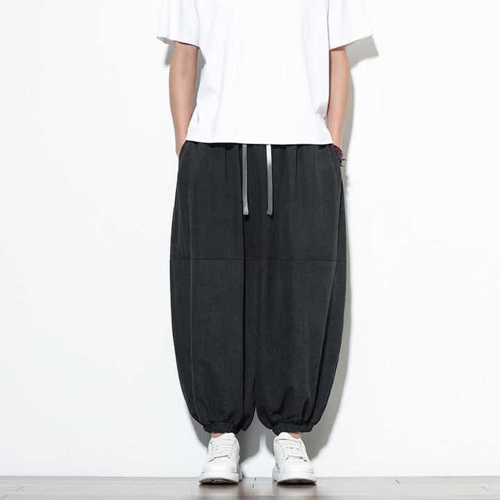 Buddha Stones Pantalon harem court en coton uni pour homme, avec cordon de serrage et poches, couleur printemps - Noir - US/UK/AU46，EU56 (5XL) - image 19