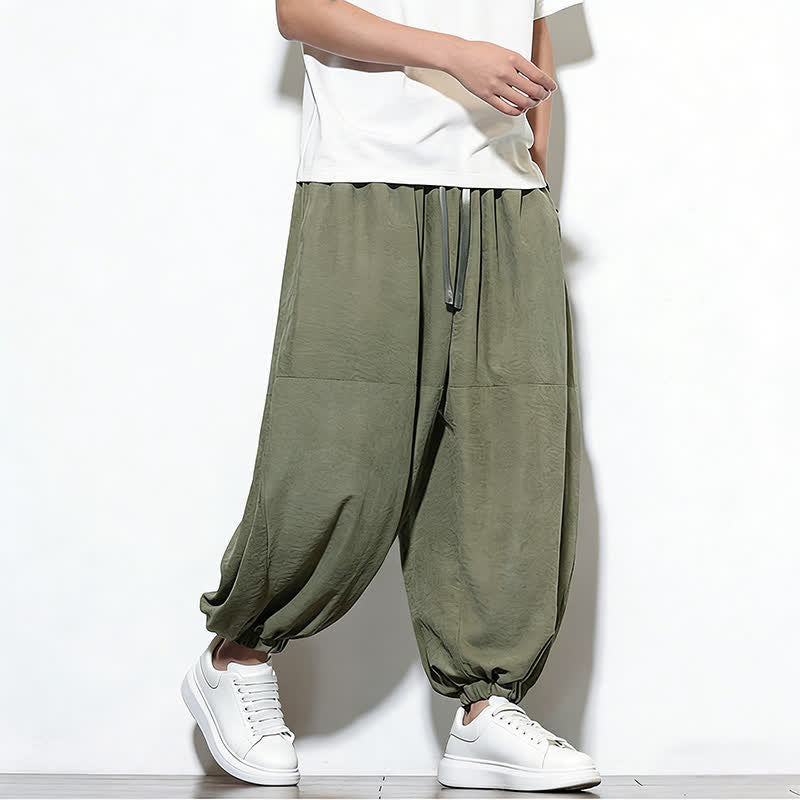 Buddha Stones Pantalon harem court en coton uni pour homme, avec cordon de serrage et poches, couleur printemps - image 30