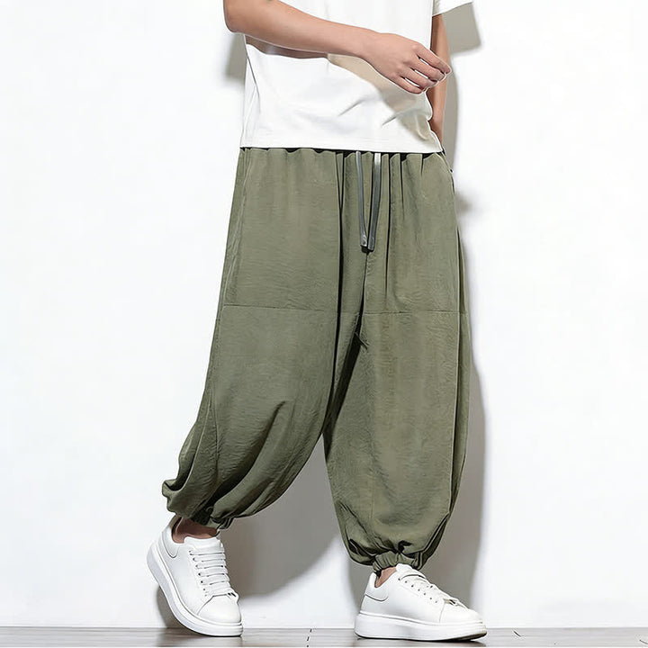 Buddha Stones Pantalon harem court en coton uni pour homme, avec cordon de serrage et poches, couleur printemps - image 30