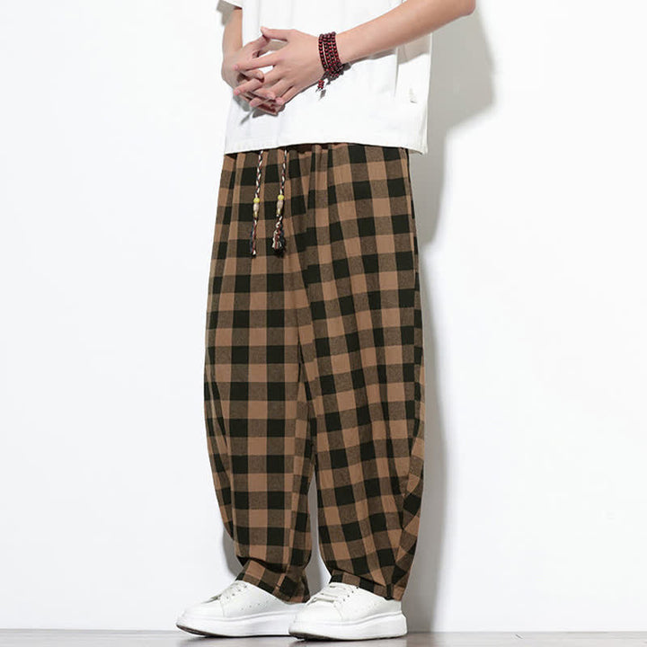 Buddha Stones Pantalon harem d'été à carreaux, taille haute, cordon de serrage et poches pour homme - image 13