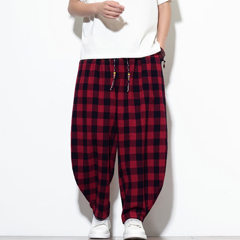 Buddha Stones Pantalon harem d'été à carreaux, taille haute, cordon de serrage et poches pour homme - Rouge - US/UK/AU46，EU56 (5XL) - image 19